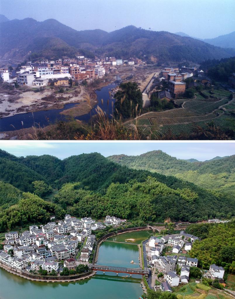 圖為浙江省杭州市淳安縣楓樹嶺鎮(zhèn)下姜村拼版圖，其中上圖為資料照片、下圖由新華社記者張鋮攝。